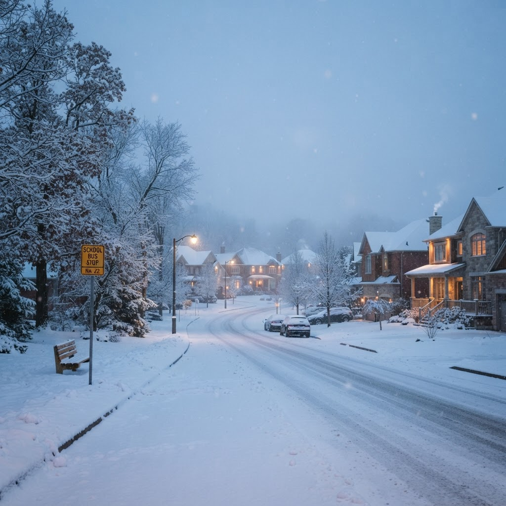 A quiet suburban street blanketed in fresh snow at early morning, with an empty school bus stop